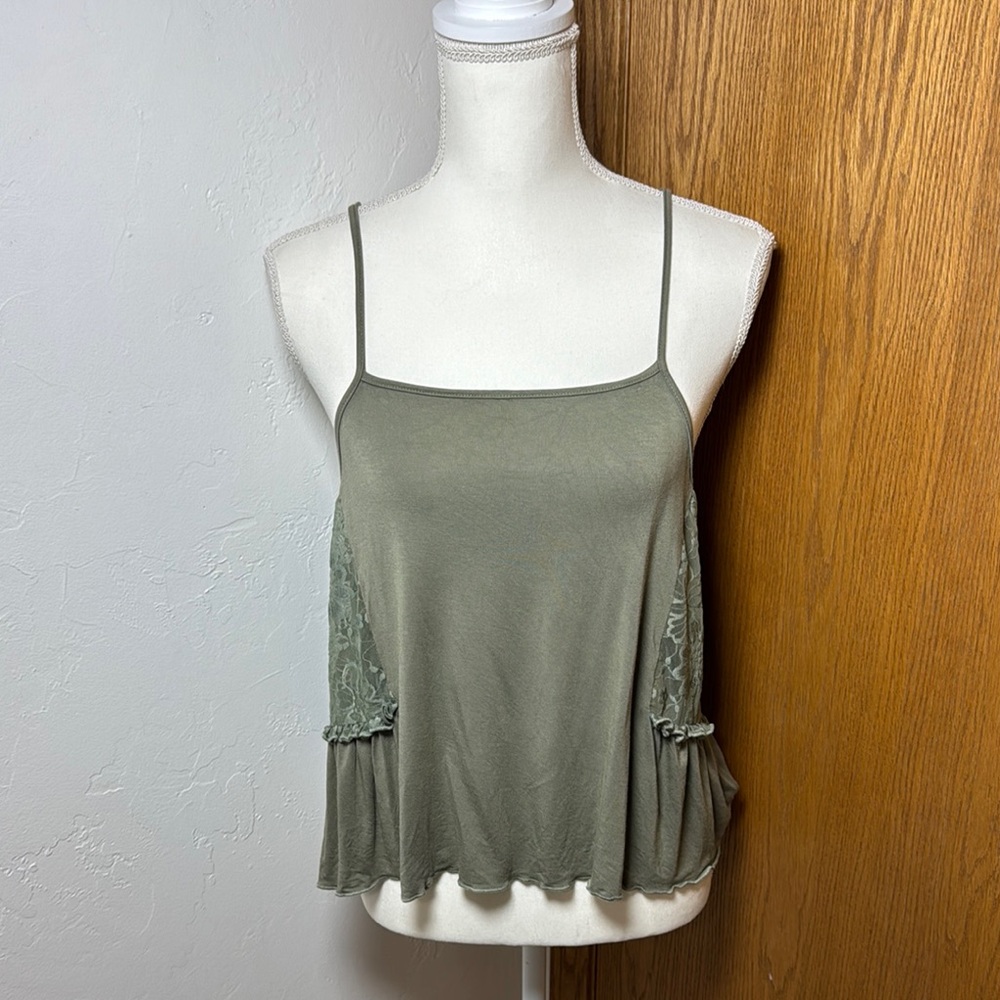 POL olive green tank with lace details & adjustable straps S